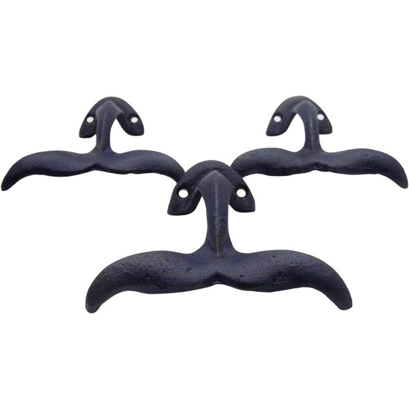 Rustic Dark Blue Cast Iron Whale Tail Wall Hooks, 4