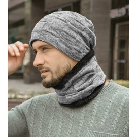 Generic Men's Winter Hat Scarf Set, Warm Knitted Hat and Scarf with Fleece Lining, Winter Warm Beanie Hat Knitted Scarf Set for Men and Women, Tube Scarf Hats Hats, gray