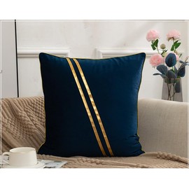 BAOKU 18 x 18 Inch Set of 2 Blue Gold Leather Striped Lines Velvet Cushion Case Luxury Modern Throw Pillow Cover Decorative Pillow Trimmed Velvet for Couch Living Room Bedroom Car