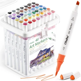 Ohuhu Alcohol Marker Pens 48 Colours, Marker Pens with Double Tip Chisel and Fine Art Marker Set, Alcohol Marker Pen Set for Adults for Colouring Illustrations