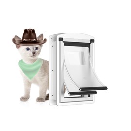 MAVRICTECH Cat Door for Door, Cat Door Interior & Exterior Door with Steel Frame and Telescoping Tunnel, Magnetic Double Flap Design and Two Sliding Lock Panels, for Pets Up to 15LBS, White.