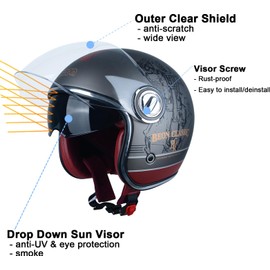 Open Face Motorcycle Helmet for Adults, DOT Approved,Moped 3/4 Half Vespa Vintage Helmet with Dual Visors for Men and Women