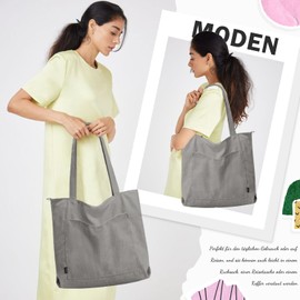 GASSDA Women's Corduroy Bag, Large Shopper Bag, Women's Handbag, Shoulder Bag, Tote Bag with Zip and Cosmetic Bags, A-light grey