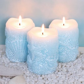 Immeiscent Coastal Starfish Seashell Pillar Candles Set of 3 Light Blue Ocean Scented Embossed Real Wax Aesthetic Decorative Candles for Beach Home Nautical, Bathroom, Summer Party, Housewarming Gift