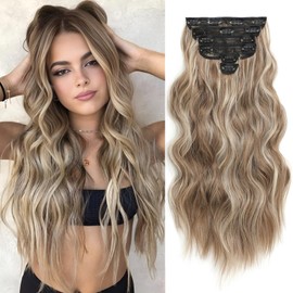 Clip in Hair Extensions for Women, 6PCS Long Wavy Curly Clip on Hair Extensions 20 Inch Ash Brown Mixed Ash Blonde Synthetic Thick Hairpieces
