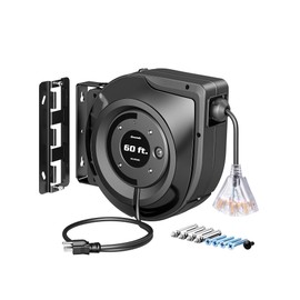 DEWENWILS Retractable Extension Cord Reel, 60FT Retractable Cord Reel, 12AWG/3C SJTOW, Lighted Triple Tap Outlets, 15A Circuit Breaker, Wall/Ceiling Mounted Heavy Duty Power Cord