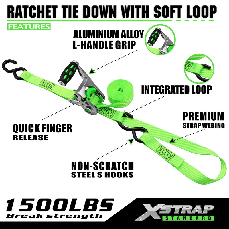 XSTRAP STANDARD 1in x 14ft Ratchet Straps with Ergonomic Aluminium