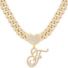 PTJDSMF Gold Initial Cuban Link Chain for Women Miami Iced Out Chain for women Bling Diamond Chain Necklace Hip Hop Jewelry (F)