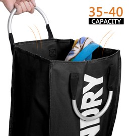 IHOMAGIC Portable Polyester Laundry Bag, Foldable Laundry Hamper with Aluminum Handles, Foldable Clothes Bag, Large Laundry Storage Bag, 13"L x 21"H x 9"W, (Black)
