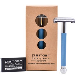 Parker Butterfly Open Safety Razor and 5 Parker Premium Double Blades (Blue)