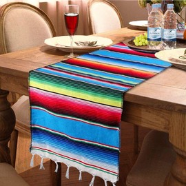 SevenFish 14 x 84 Inch Mexican Table Runner for Mexican Theme Party Wedding Decorations, Cinco de Mayo Fiesta Party Serape Table Runner Blue