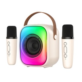 SIMGAL Mini Karaoke Machine for Adults and Kids, Portable Bluetooth Speaker with Two Wireless Microphones with LED, Speaker Supports for TF Card/USB, AUX (Beige)