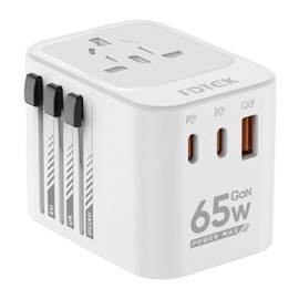FDTEK Universal Travel Adapter, 65W International Universal Adapter European Laptop Travel Plug Adapter with 3 USB Ports (2 USB C) Worldwide Adapter for Europe UK AUS Asia Japan Covers 300+Countries