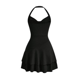 SweatyRocks Women's Mini Dress, A Line Dress, Halterneck Dresses with Ruffles, Sleeveless Multi-layer Dress, Casual Dress, black