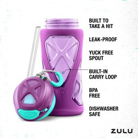 ZULU Torque 16oz Plastic Kids Water Bottle with Silicone Sleeve and Leak-Proof Locking Flip Lid, Soft Touch Carry Loop for School Backpack, Lunchbox, BPA-Free Dishwasher Safe, Purple
