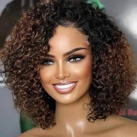 YOKADA HAIR 4x4 Lace Closure and Full Frontal Hair Bob Wigs Ombre Brown Color HD Transparent Lace Hair Deep Curly Style With More Full 180% Density for Black Women (4x4 Lace Closure, 16inch)