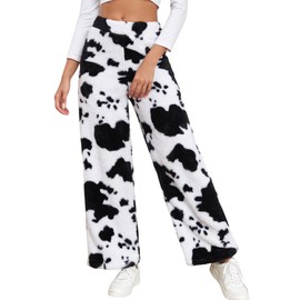 FUVYKOL Women's Cow Fuzzy Fleece Pajama Pants High Waist Elastic Casual Straight Leg Teddy Fluffy Warm Pj Pants White XL