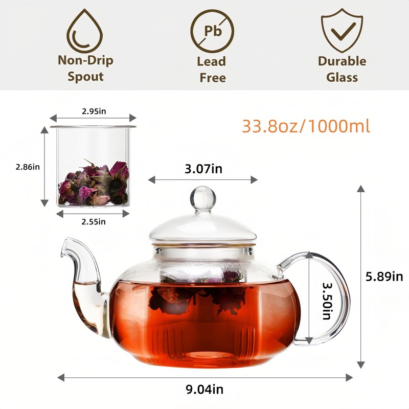 CnGlass 33.8oz Glass Teapot with Removable Infuser,Stovetop Safe Tea Kettle,Blooming