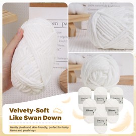 Reessy Bulky Chenille Yarn for Crocheting – 6 Pack of 50g/1.76oz Skeins, Pure Polyester, CYC #5 Bulky Weight – Thick Chunky Chenille Yarn Pack for Crafting Plush Toys, Blankets, Scarves(Snow White)