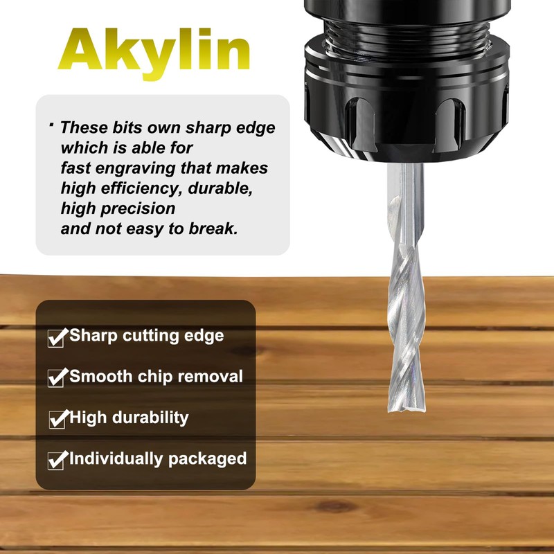 Akylin Down-Cut Spiral Router Bits 1/4 Inch Shank,2 Flute CNC