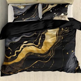 Gearider 3 Pieces Black & Gold Marble Duvet Cover Set, Fluid Art Soft Comforter Cover Set for King Size for Men Women with Zipper Closure