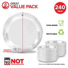 Stock Your Home 240-Count, 9 Inch Clear Plastic Plates, Flexible, Disposable Heavy Duty Party Dinner Plate, for Wedding Reception, Holiday Parties, Mains, Sides, Salad, and Dessert, Large Size