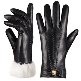 OCXMME Very Elegant Warm Fur Lined Leather Gloves Women with Bow Touchscreen Texting Driving Gloves Black Medium