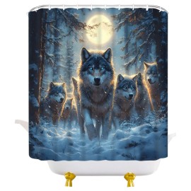 JEJOMEAG Wolf Shower Curtain Full Moon Forest Wild Animals Powerful Wildlife ...