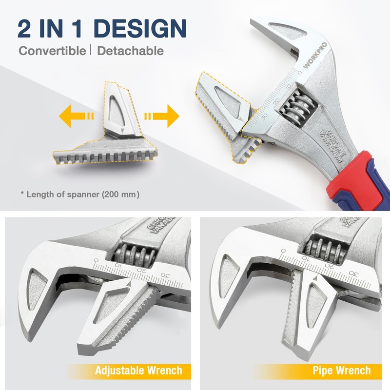 WORKPRO 2-in-1 Adjustable Wrench and Pipe Wrench, 42mm Wide Jaw,