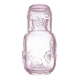 Sizikato 15 Oz Rose Embossed Pink Glass Bedside Night Water Carafe with Tumbler Glass.