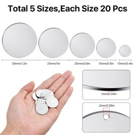 Elesunory 100 Pcs 5 Size Round Metal Stamping Blanks, 10mm 15mm 20mm 25mm 30mm Stainless Steel Round Metal Tags with Holes, Metal Stamping Blanks for Jewelry, Dog Tags for Laser Engraving