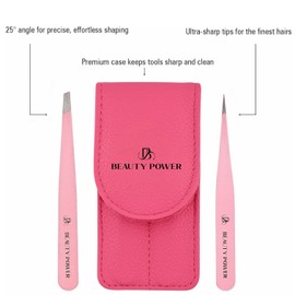 Beauty Power Professional Tweezers Set – Slant & Point, Ultra Precision German Stainless Steel Tweezers for Eyebrows, Chin, Ingrown Hair & Facial Grooming – Lightweight with Travel Case (Pink)