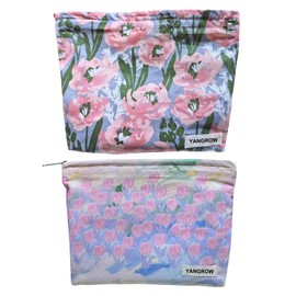 YANGROW 2Pcs Floral Makeup Bags, Aesthetic Cosmetic Bag Purse Zipper Pouch Large Travel Canvas Make Up Organizer Bag for Women and Girls (Hibiscus Pink+Flower Sea)