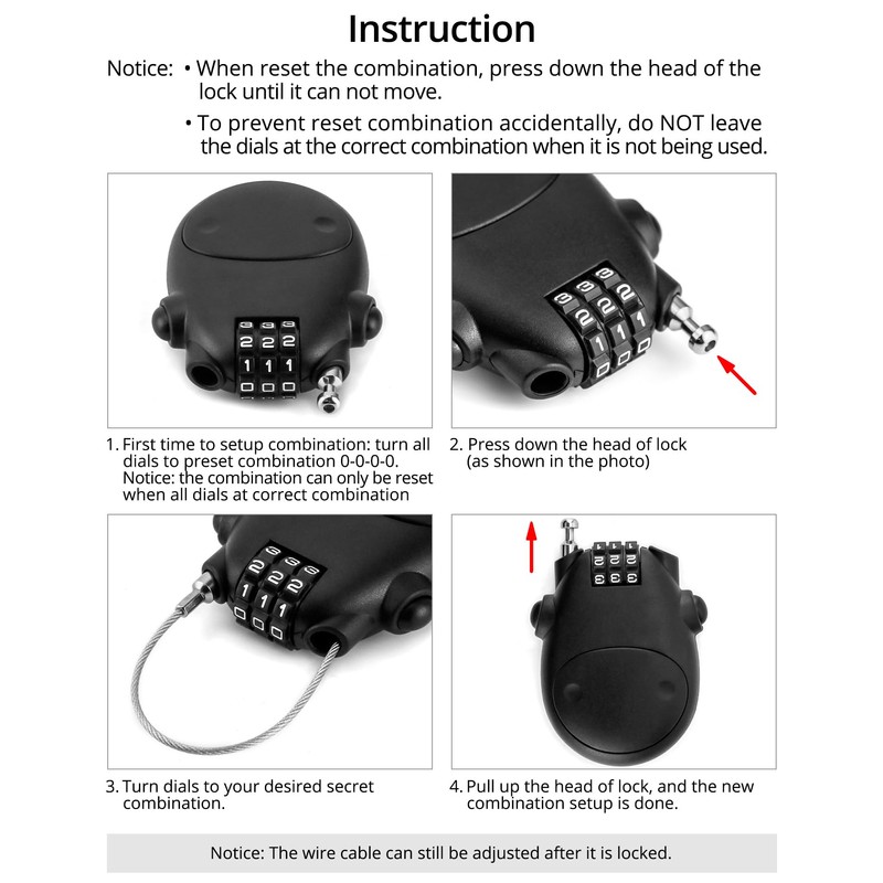 QWORK Retractable Cable Lock, 4 Pack Security Password Lock Steel