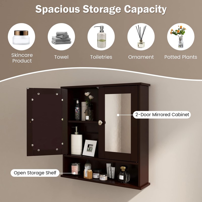 Byroce Wall Bathroom Storage Cabinet, Large, Brown