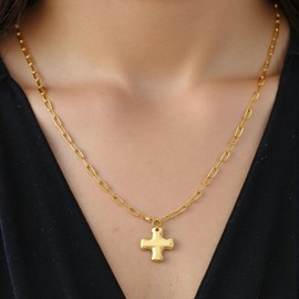 Chunky Cross Necklace for Women Trendy Gold Silver Layered Statement Cross Pendant Charm Necklace Vintage Paperclip Herringbone Snake Choker Chain Costume Jewelry Set Gift Non Tarnish, Large, Copper