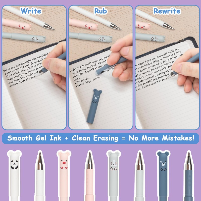 Mutsitaz Erasable Pens Black Ink – 8pcs Cute Animal Friction