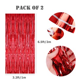 Aisszhao 2pcs Red Tinsel Foil Fringe Curtains 3.2ft x 6.5ft British Party Backdrops Props 70Years Queen's Platinum Jubilee 2022 Party Decoration Royal Theme Party Union French USA Events Decor