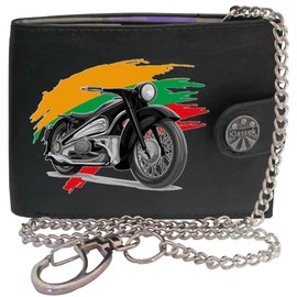 Biker Classic Vintage Motorbike Motorcycle Lithuania Flag Mens Chain Wallet Gift Box KLASSEK Brand Real Black Leather RFID Blocking with Coin Pocket