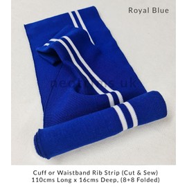 Sweatshirt Fabric,Brushed Back Fleece Hoddie Jersey + Matching Knit Rib Waistband Cuffs & Neck Bands Striped Ribbing, UPCYCLED Yarns,Neotrims. Royal Blue, 1 x Waistband/Cuff Rib (110x16cm)