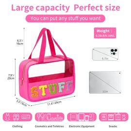 Eurovicky Chenille Letter Patch Clear Makeup Bag, Preppy PVC&Nylon Makeup Bag with Handle and Zipper, Waterproof Large Clear Travel Toiletry Bag Storage Bag for Women (Vibrant Rosered-STUFF)