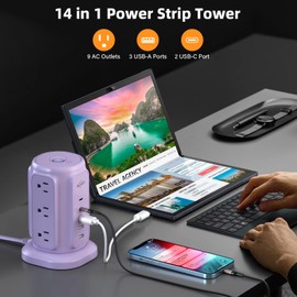 AiJoy Power Strip Tower with 9 Outlets and 5 USB Ports (2 USB C), 1200J Surge Protection, 1625W 6.5ft Flat Plug Extension Cord with Multiple Outlets Extender for Dorm Home Office Supplies, Purple
