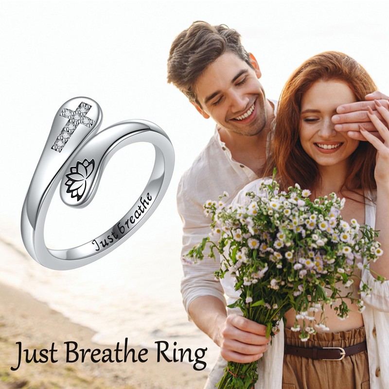 CUPENDA Just Breathe Ring Sterling Silver Lotus Cross Just Breathe