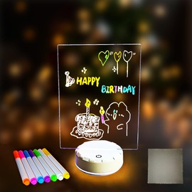 Acrylic Dry Erase Board with Light 7.3"X5.9" Clear Light up Dry Erase Board with Stand Base Glow Memo LED Letter Rewritable Message Board White Board LED Note Board with 7 Color Markers (M)