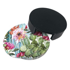 Watercolor Cactus Floral Elegant Coasters for Drinks Round Leather Coaster with Holder Set of 6 for Tabletop Protection Desk Accessories Office Home Room Decor