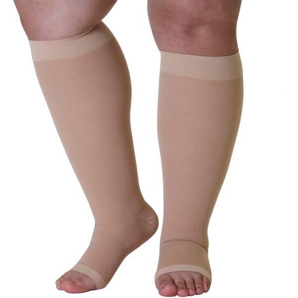 Made in The USA - XXX-Large Mojo Compression Socks | Knee Length & Wide Calf | Open Toe | Beige 3XLarge