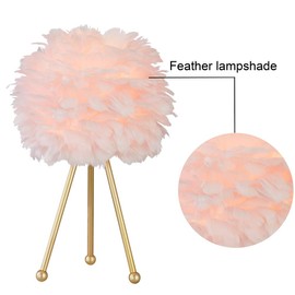 Maxax Table lamp Set of 2 Tripod Nightstand Lamp with Gold Finish, Feather Beside Table lamp for Bedrooms/Living Room/Dining Room/Kitchen, Pink