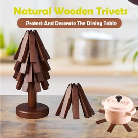 Huipla Wooden Cup Coaster Set,Christmas Tree Shape Trivet Set,4 Wooden Trivets and 1 Stand for Hot Pots and Pans Collapsible Coasters Heat Resistant Pads for Kitchen Counter (Walnut)