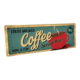 Homebody Accents Fresh Brewed Coffee Served Here Metal Sign, 4”x12”, Retro, Vintage, Kitchen, Diner, Break Room, Coffee Shop