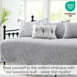 Southshore Fine Living, Inc. Twin Daybed Comforter Set, 6-Piece Twin Bedding Set with Daybed Cover, 3 Pillow Shams, Bed Skirt, Throw Pillow - Twin Day Bed Quilt Set, Botanical Leaves Grey